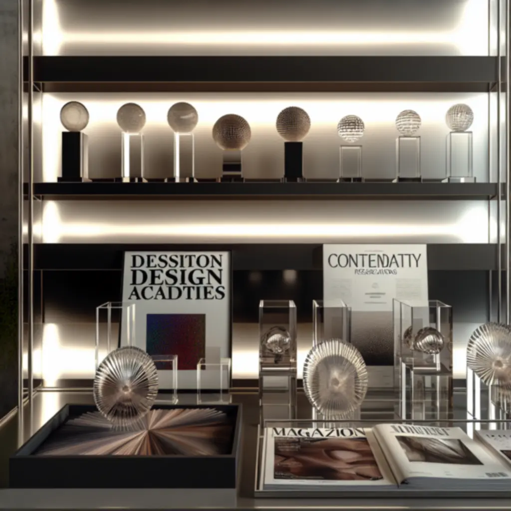 Awards en publicaties uitgestald op een plank