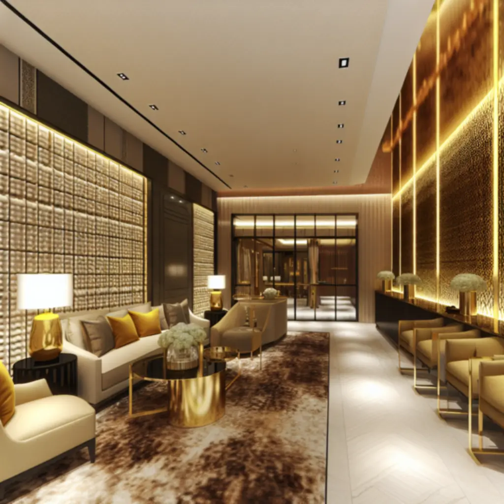 Boutique hotel lobby met zachte texturen en goudaccenten