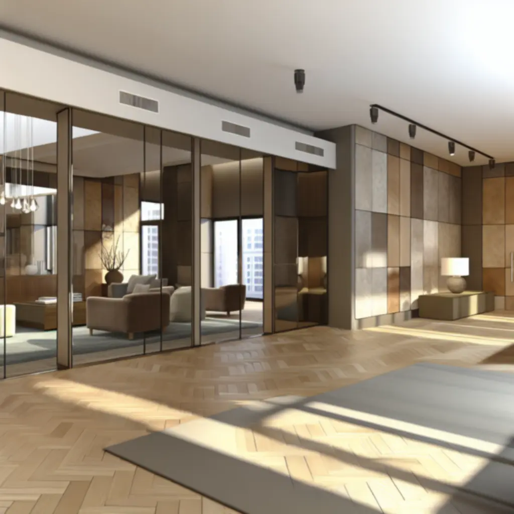 Penthouse interieur met panoramisch uitzicht en rustige materialen
