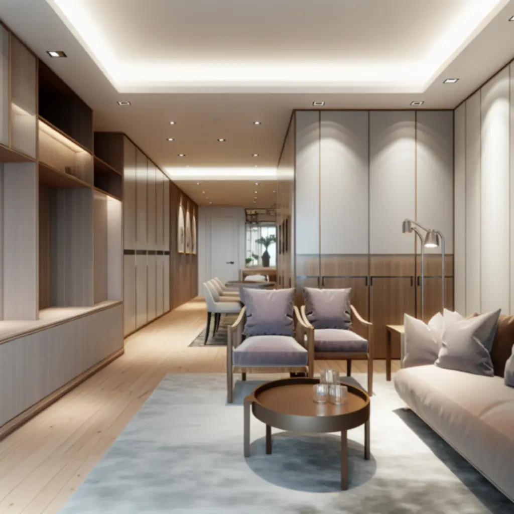 High-end woonruimte met maatwerk kasten en warme verlichting