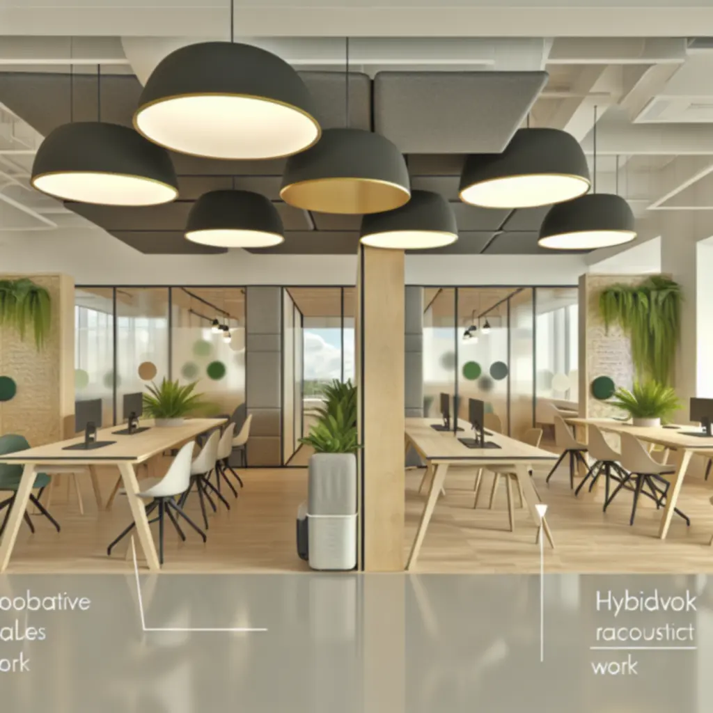 Hybride werkplek met samenwerkingstafels en rustige focusruimten