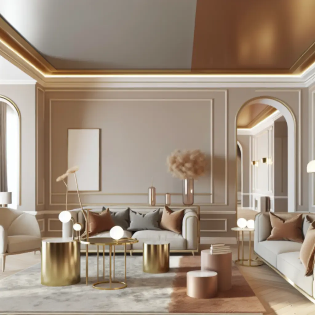 Elegant, modern interieur met warme beige en goudaccenten