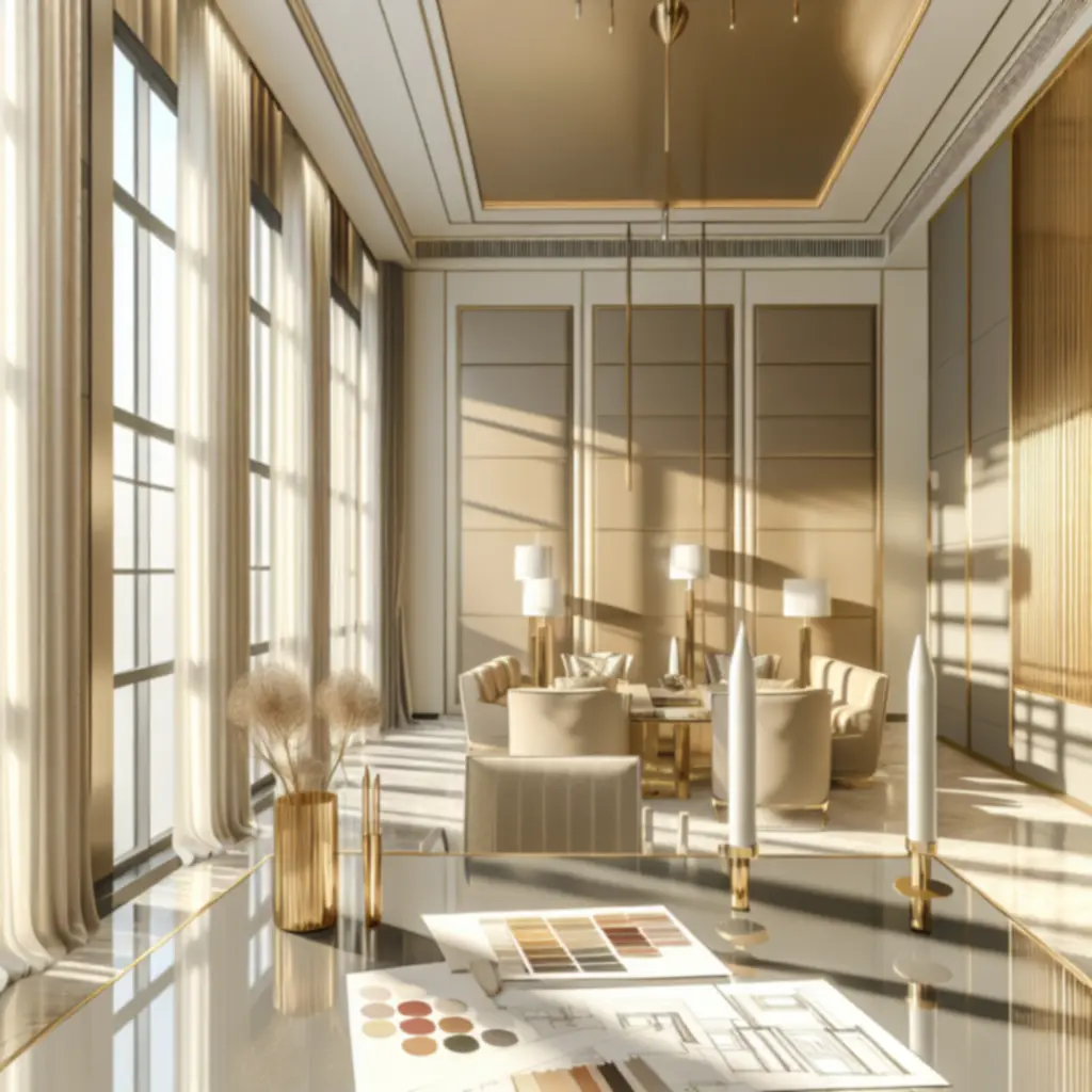 Licht en elegant interieur met warme beige en goudaccenten, visualiserend het ontwerp-proces