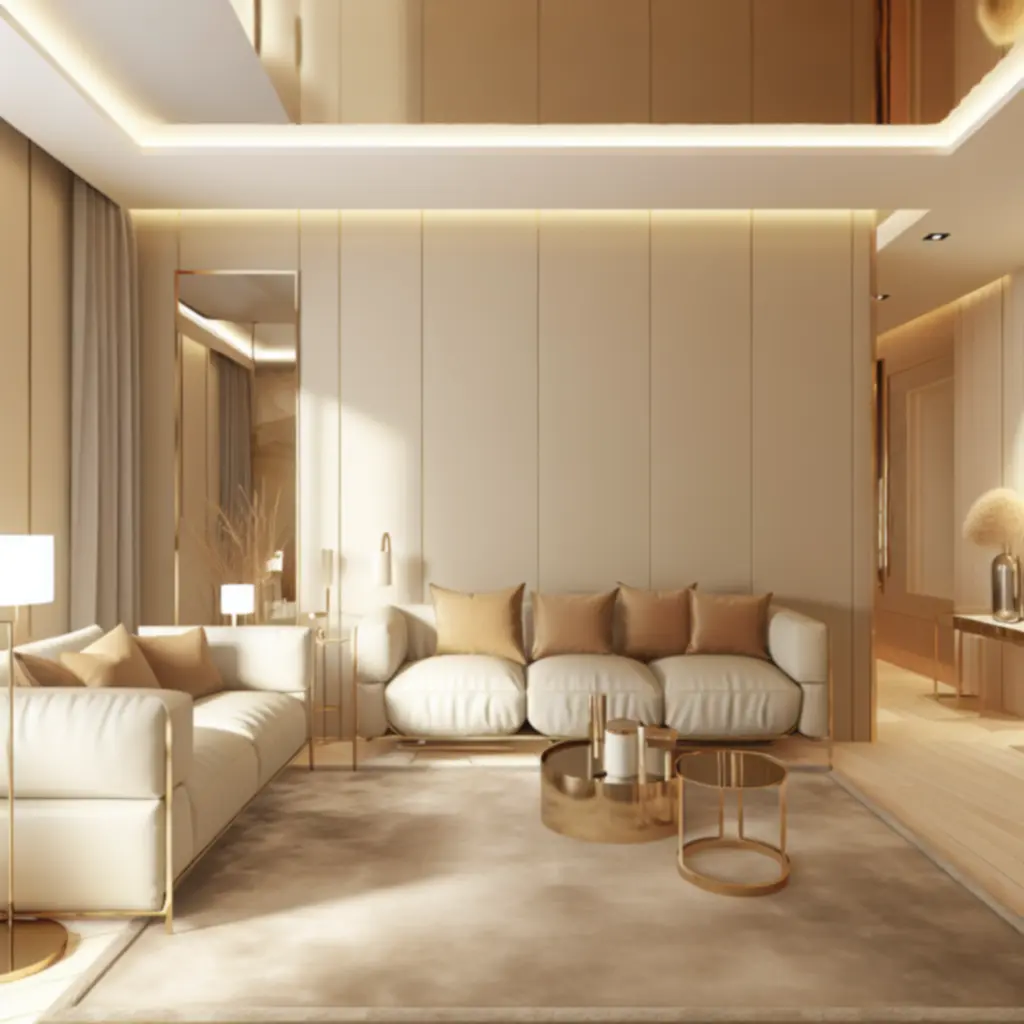 Sfeervol interieur met warme beige tinten, goudaccenten en modern meubilair