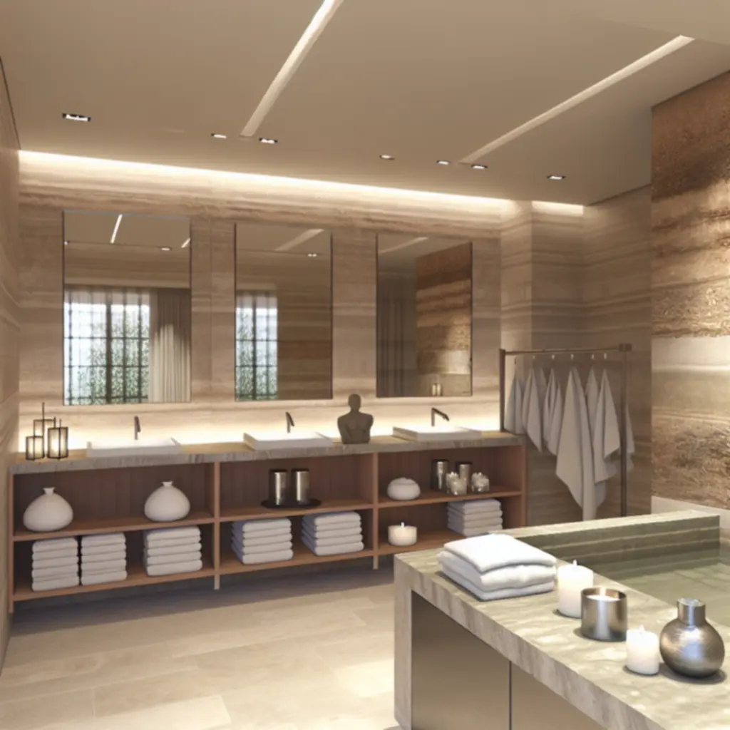 Spa-achtige badkamer met sfeerverlichting en natuursteen