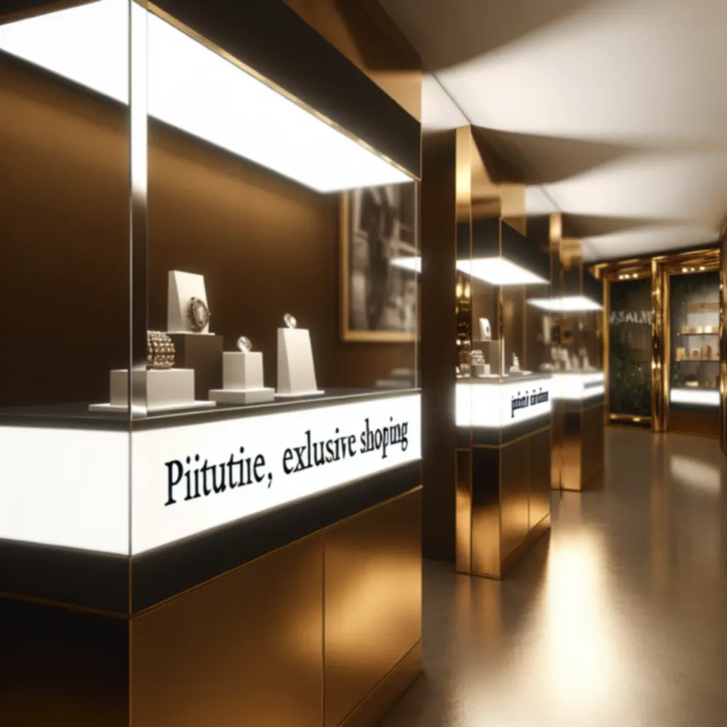 Boutique winkelinterieur met vitrines en warme goudtinten