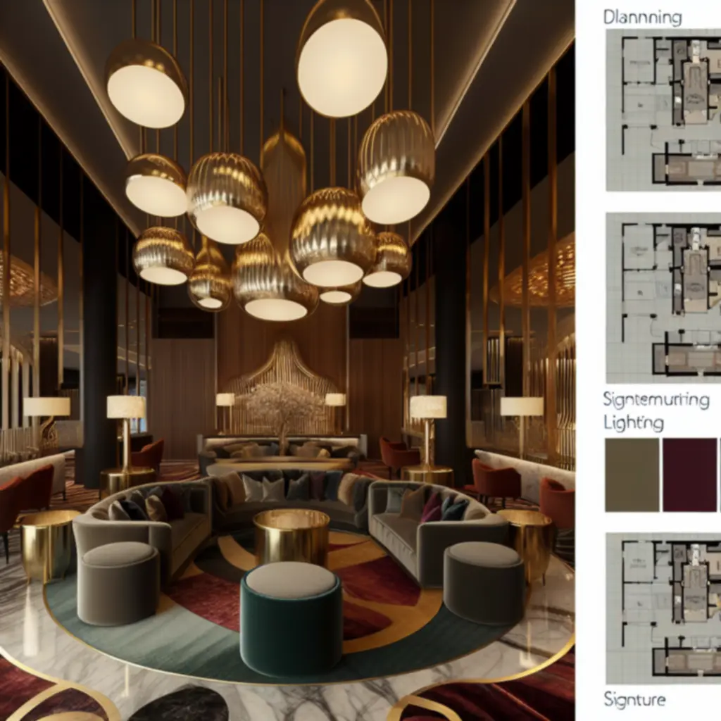 Hotel lobby met sculpturale verlichting en verfijnde lounge