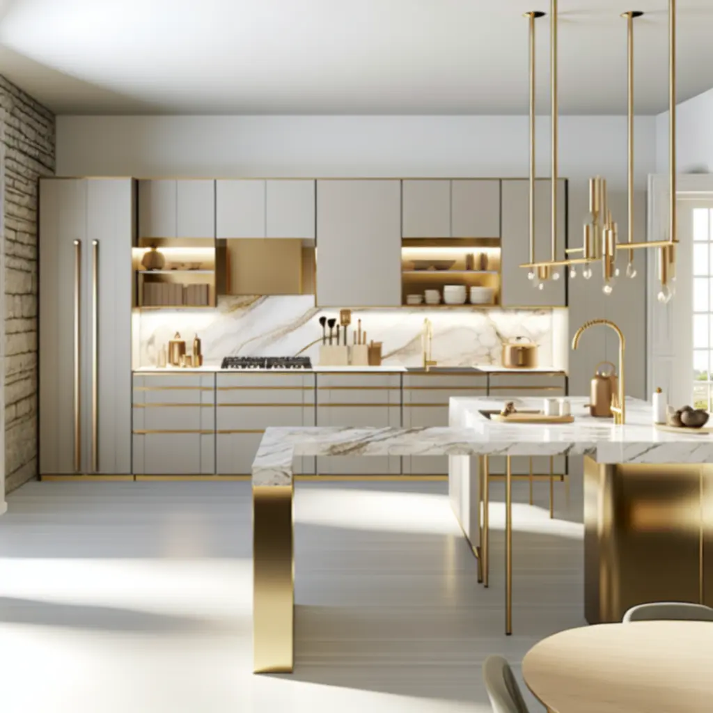 Moderne keuken met marmeren werkblad en goudkleurige details