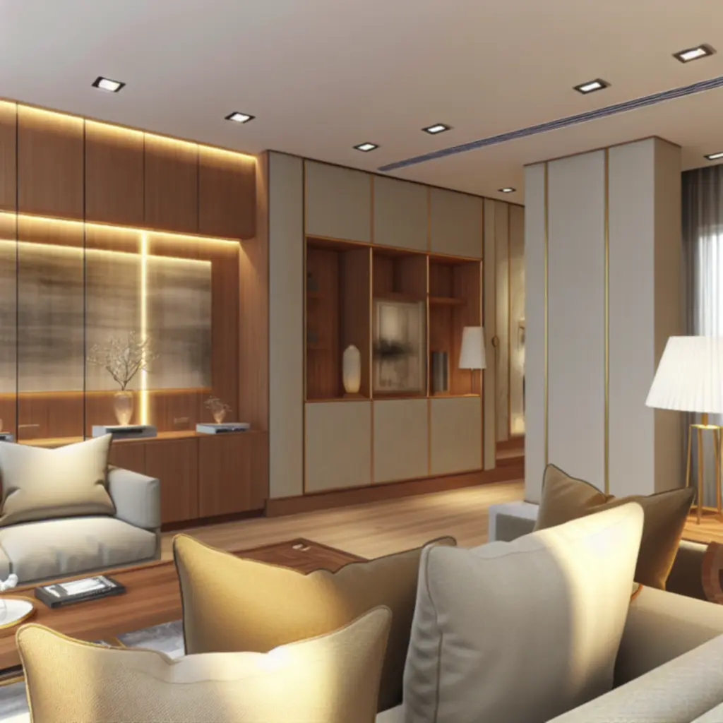 Luxe woonkamer met maatwerk kasten en warme verlichting