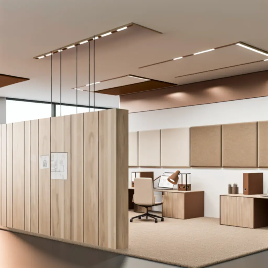 Chique kantoorruimte met akoestische panelen en warme houttinten
