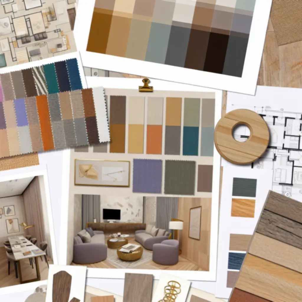 Collage met moodboards, materialen en 3D-ontwerpen