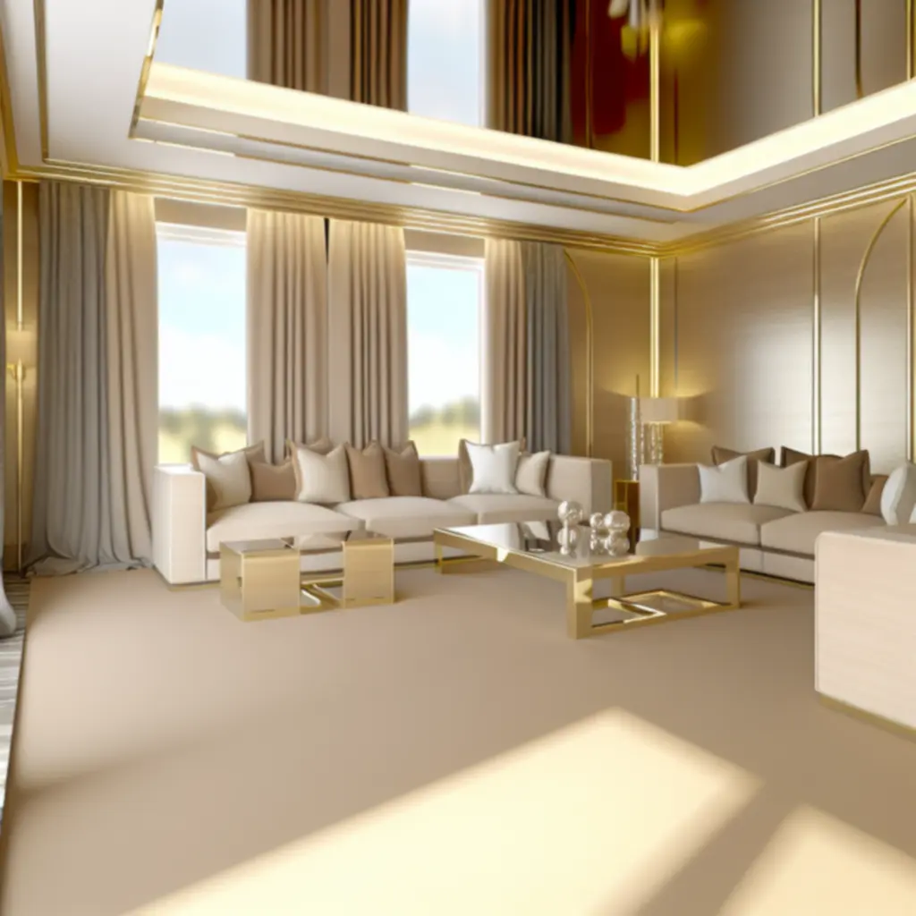 Luxe woonkamer met warme beige en goudaccenten