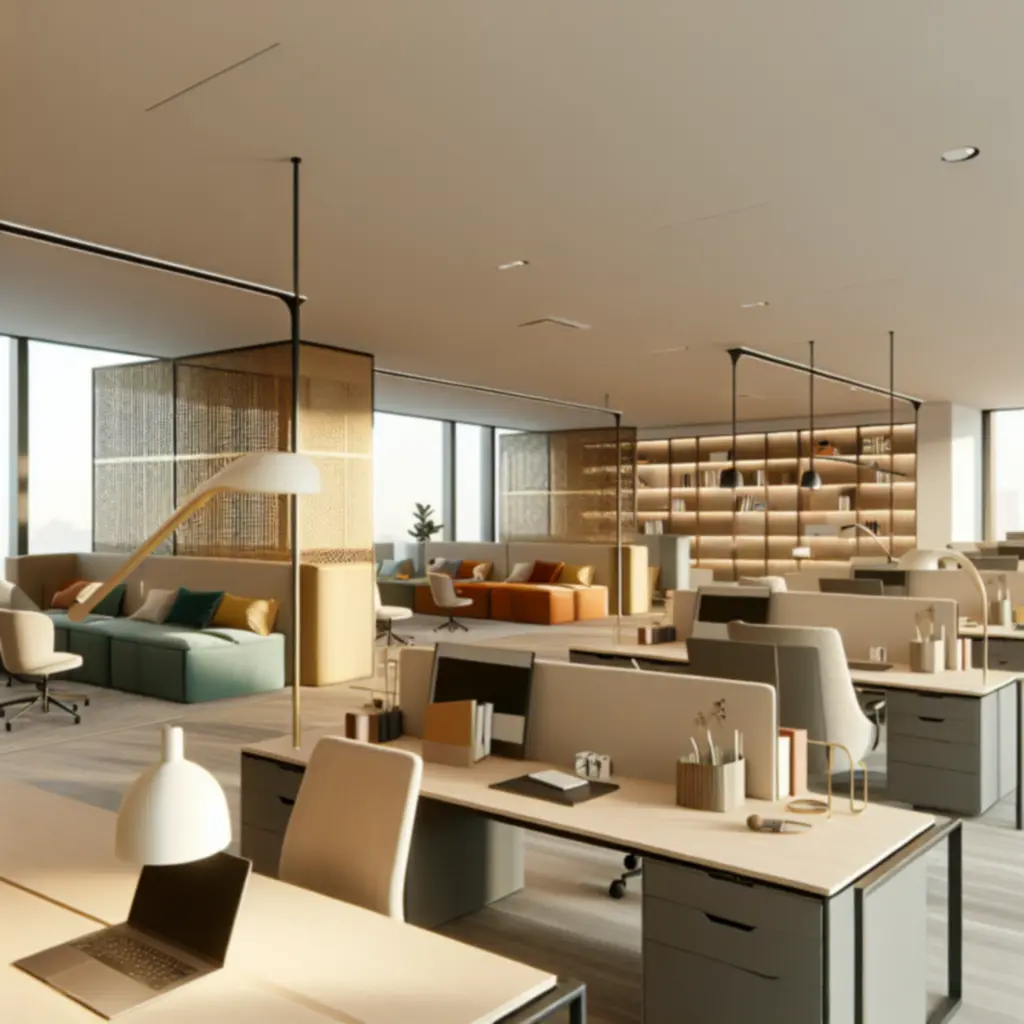 Open kantoor met akoestische panelen en zachte stoffering